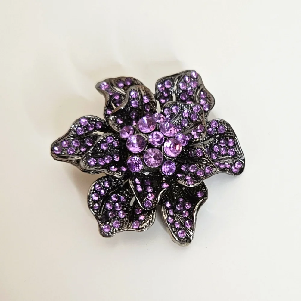 Purple Rhinestone Flower Brooch Pin